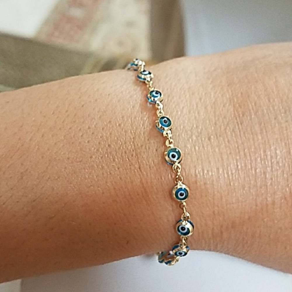 14K Solid Yellow Gold Evil Eye Blue Bracelet 7" in - Picture 5 of 14